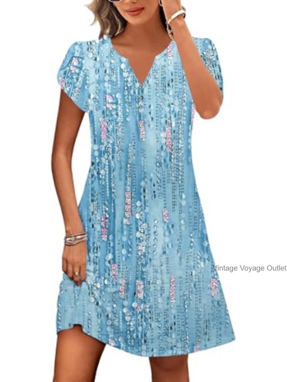 Chic V-Neck Short Sleeve Boho Floral Print A-Line Mini Sun Dress